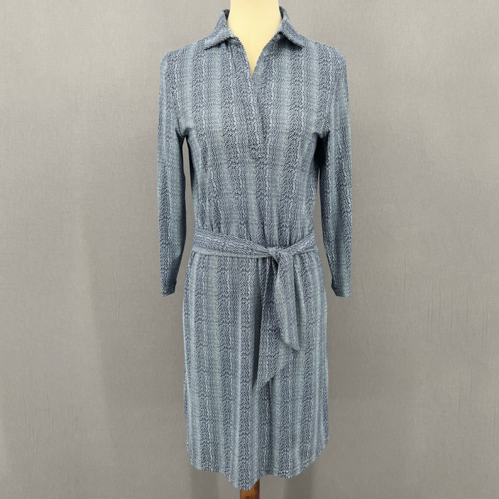 Elle Kai Blue Print Collared 3/4 Sleeve Belted Knee Length Sheath Size Small